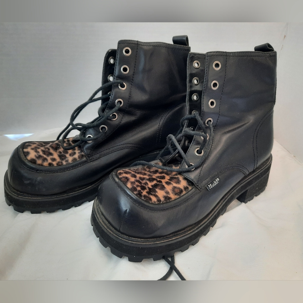 Vintage Genuine Leather y2k 90s Chunky Combat Grunge Boot Leopard/Cheetah Fur 8M